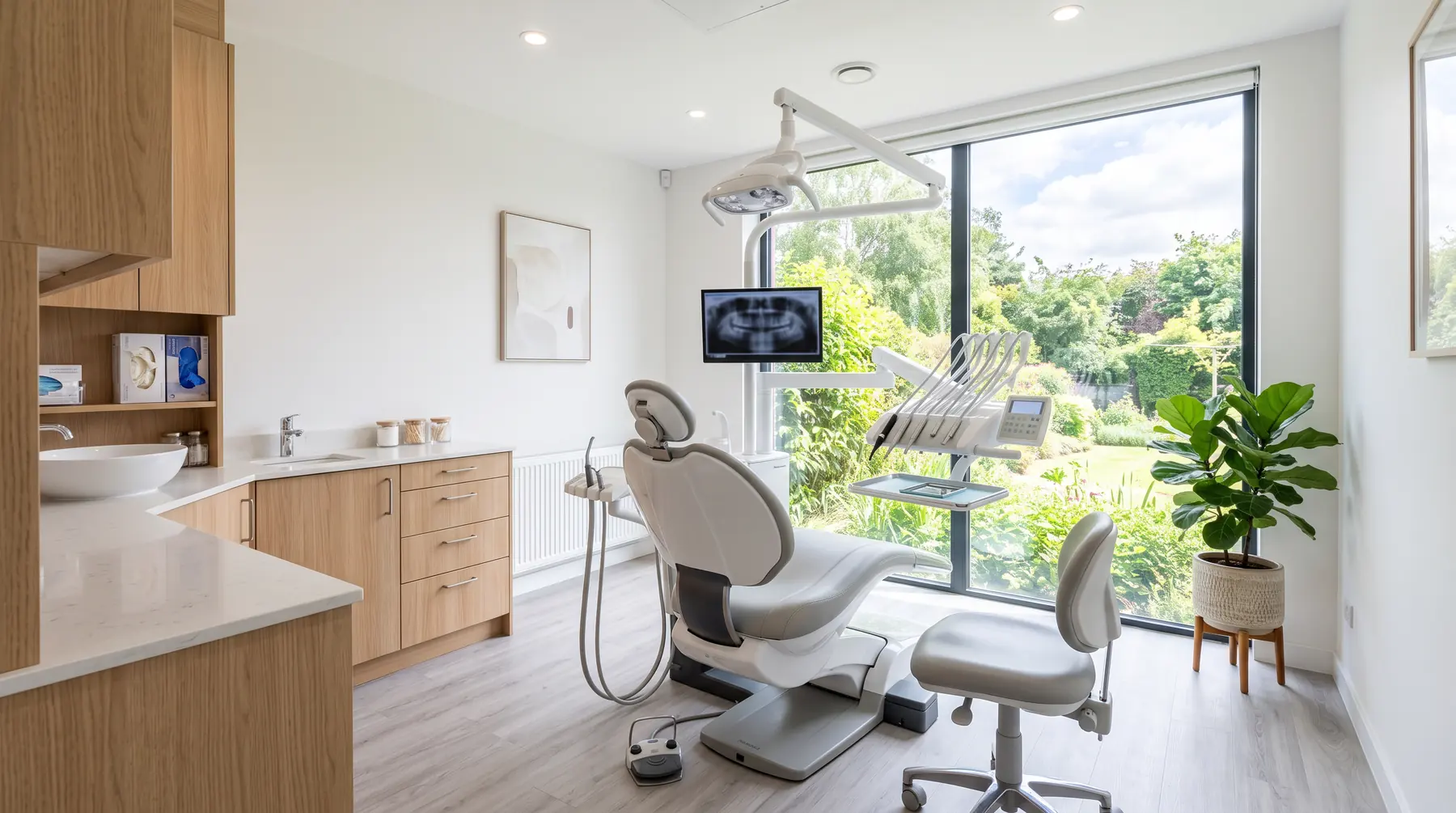 Bright, calm dental treatment room with a window and plants