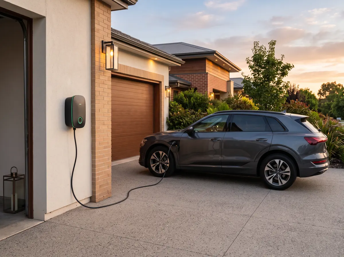 Home EV charger plugged into an electric SUV in a driveway