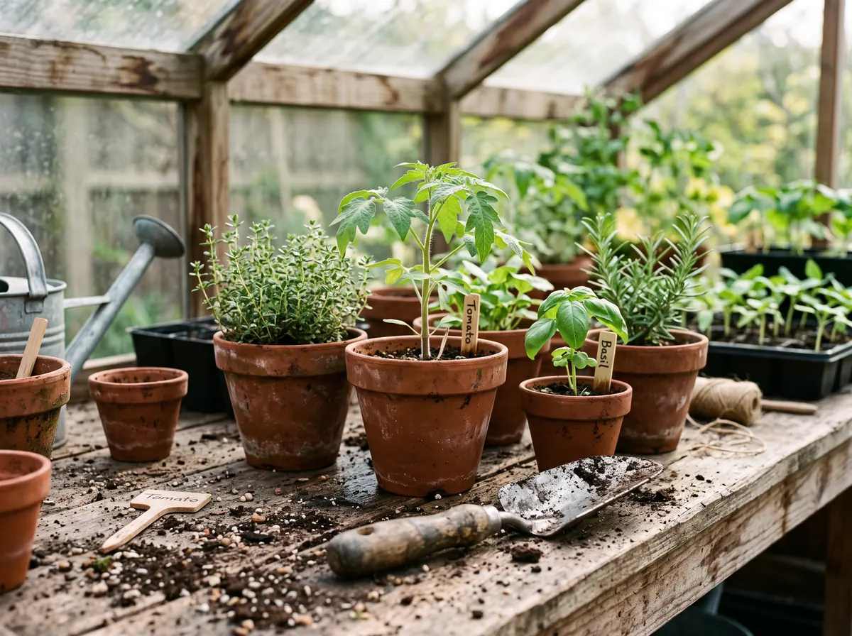 Terracotta pots with herbs and seedlings on a potting bench