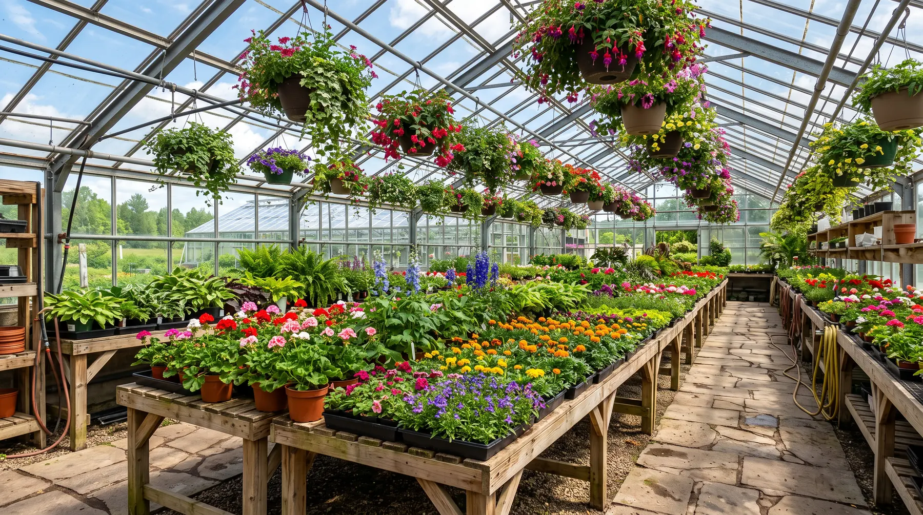 Sunlit greenhouse rows of potted plants