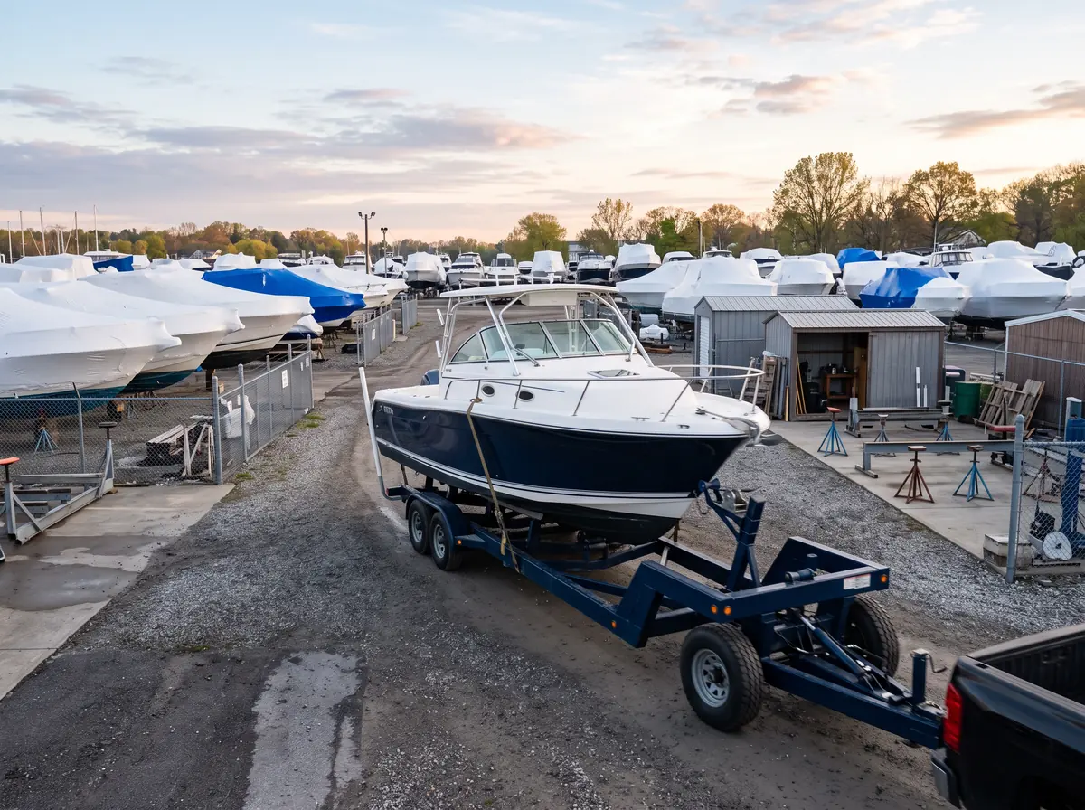 Boat on a hydraulic trailer in the marina service yard