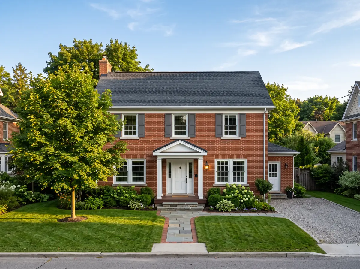 Two-storey brick house with a new charcoal shingle roof